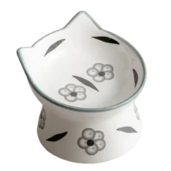 Dexypaws Ceramic Elevated Cat Bowl White with Black Floral Print