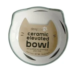 Dexypaws Ceramic Elevated Cat Bowl White with Black Floral Print