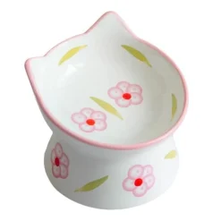 Dexypaws Ceramic Elevated Cat Bowl White with Pink Floral Print